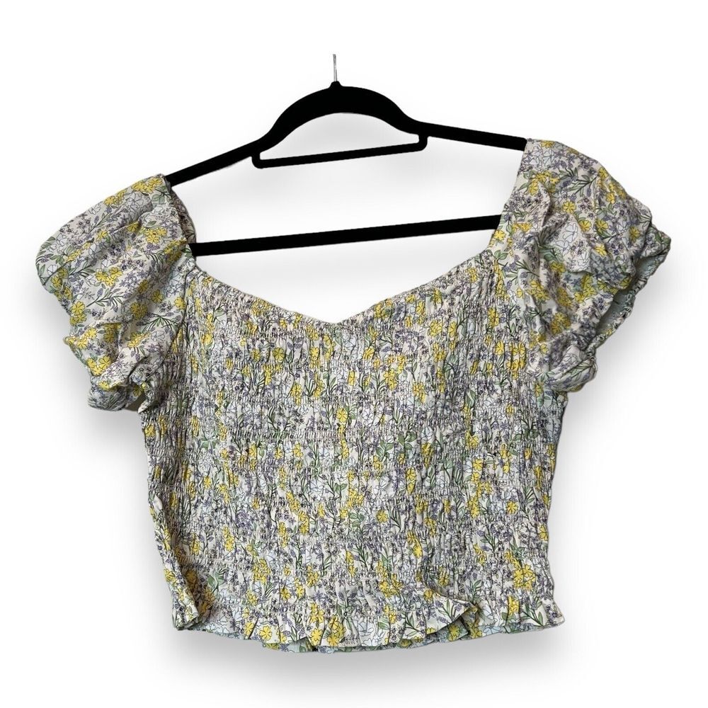 ASTR The Label Womens Yellow Multi Flower Sweetheart Shirt Crop Top L
